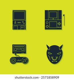 Set Retro arcade game machine, Mask of the devil with horns, Game console joystick and Portable video icon. Vector