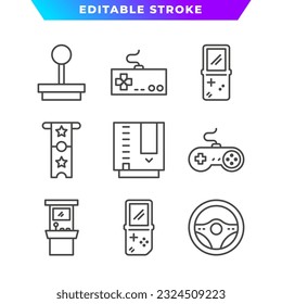 Set of Retro Arcade Game Outline Icon. Joystick, Ticket, Gameboy, Steering Wheel, and More. Editable Stroke. Vector Eps 10