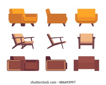 Set of retro armchairs solated against white background. Cartoon vector flat-style illustration