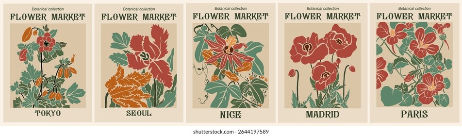 Set of retro Art Nouveau flower market posters featuring Paris, Madrid, Tokyo, Seoul, Nice. Botanical art with poppy, tulips, passiflora flowers, perfect for vintage decor and floral design