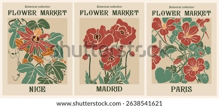 Set of retro Art Nouveau flower market posters featuring Paris, Madrid, and Nice. Botanical art with poppy and passiflora flowers, perfect for vintage decor and floral design.