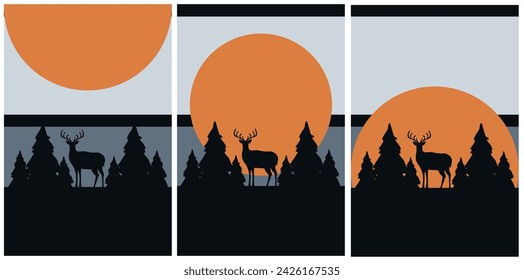 Set retro artwork with Reindeer in forest. Collection design t-shirt print. Nature card cover design. Vector illustration can used web social media posters flyer. EPS 10