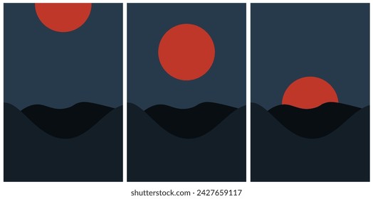 Set retro artwork with Sunset stages. Collection design t-shirt print. Nature card cover design. Vector illustration can used web social media posters flyer. EPS 10