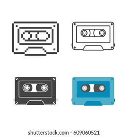 Set retro audio cassette flat, line and pixel icon