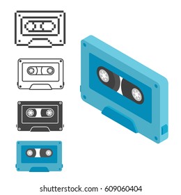 Set retro audio cassette isometric, line and pixel icon.