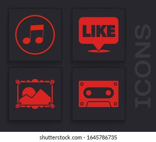 Set Retro audio cassette tape, Music note, tone, Like in speech bubble and Picture landscape icon. Vector