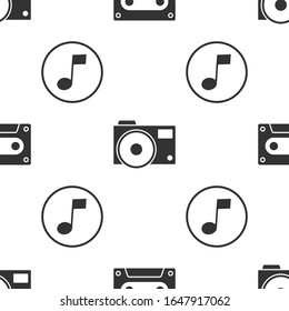 Set Retro audio cassette tape, Photo camera and Music note, tone on seamless pattern. Vector