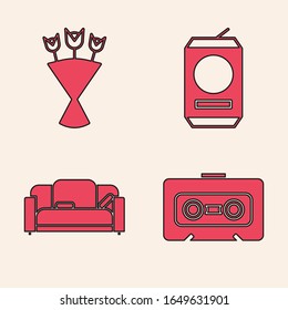 Set Retro audio cassette tape , Bouquet of flowers , Beer can  and Sofa  icon. Vector