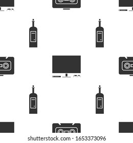 Set Retro audio cassette tape , Video game console  and Bottle of wine  on seamless pattern. Vector