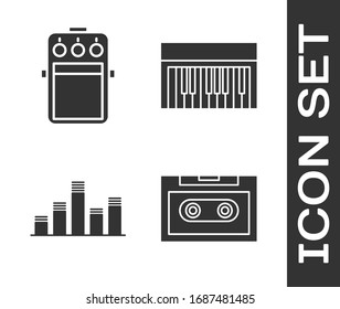 Set Retro audio cassette tape, Guitar pedal, Music equalizer and Music synthesizer icon. Vector