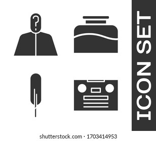 Set Retro audio cassette tape, Anonymous with question mark, Feather pen and Inkwell icon. Vector