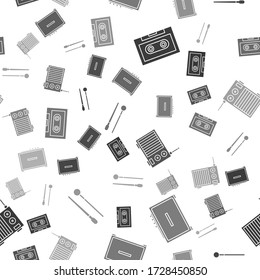 Set Retro audio cassette tape, Guitar amplifier, Radio with antenna and Drum sticks on seamless pattern. Vector