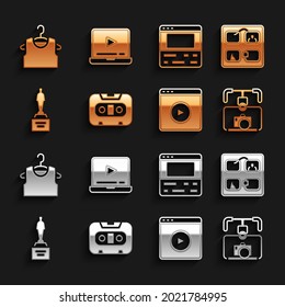 Set Retro audio cassette tape, Storyboard, Gimbal stabilizer with camera, Online play video, Movie trophy, Video recorder on laptop, Sleeveless T-shirt and  icon. Vector