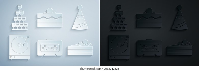 Set Retro audio cassette tape, Party hat, Vinyl player with vinyl disk, Cake,  and Wine glasses stacked pyramid tower icon. Vector