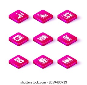 Set Retro audio cassette tape, tv, Floppy disk, Tetris, Play Video, Music synthesizer, Photo and Sport sneakers icon. Vector