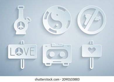 Set Retro audio cassette tape, No war, Peace, Yin Yang symbol and Bong icon. Vector