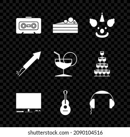 Set Retro audio cassette tape, Cake, Clown head, Video game console, Guitar, Headphones, Firework rocket and Martini glass icon. Vector