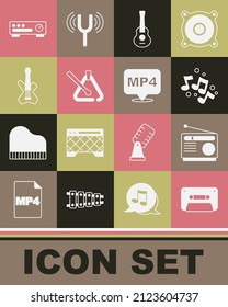 Set Retro audio cassette tape, Radio, Music note, tone, Guitar, Triangle musical instrument, Electric bass guitar, Sound mixer controller and MP4 file document icon. Vector