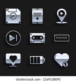 Set Retro audio cassette tape, Battery charge level indicator, Like and heart, Power button, Fast forward, Digital media play with location and Floppy disk computer data storage icon. Vector