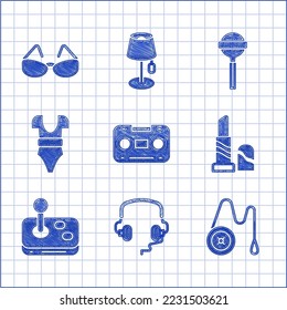 Set Retro audio cassette tape, Headphones, Yoyo toy, Lipstick, Joystick, Swimsuit, Lollipop and Glasses icon. Vector