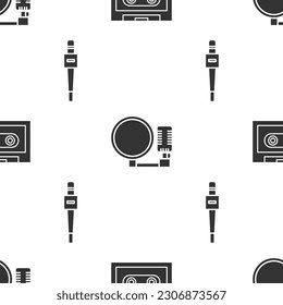 Set Retro audio cassette tape, Microphone and Microphone on seamless pattern. Vector
