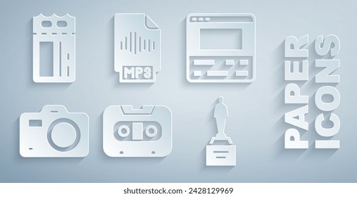 Set Retro audio cassette tape, Video recorder on laptop, Photo camera, Movie trophy, MP3 file document and Cinema ticket icon. Vector