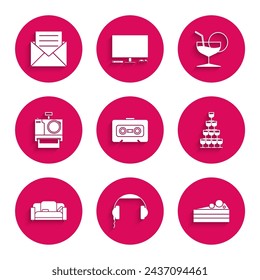 Set Retro audio cassette tape, Headphones, Cake, Wine glasses stacked in pyramid tower, Sofa, Photo camera, Martini and Envelope with invitation card icon. Vector