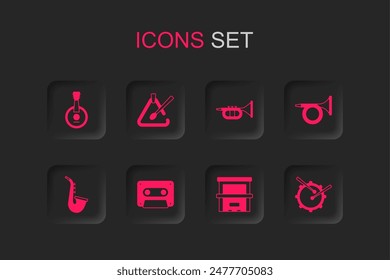 Set Retro audio cassette tape, Triangle musical instrument, Banjo, Piano, Trumpet, Drum with drum sticks,  and Saxophone icon. Vector