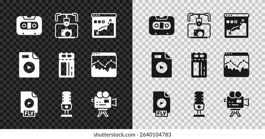 Set Retro audio cassette tape, Gimbal stabilizer with camera, Histogram graph photography, FLV file document, Microphone, cinema, AVI and Cinema ticket icon. Vector