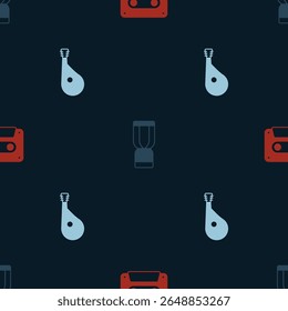 Set Retro audio cassette tape, African djembe drum and Bandura on seamless pattern. Vector