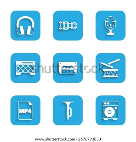 Set Retro audio cassette tape, Trumpet, Guitar amplifier, Drum with drum sticks, MP4 file document, Microphone and Headphones icon. Vector