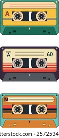 Set of retro audio cassette tapes in flat style. Vintage isolated vector illustration. Retro tech nostalgia pack. 90s 80s design. Cartoon colourful stylisation