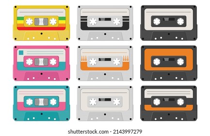 Conjunto de cintas de audio retro de diferentes diseños y colores aislados en fondo blanco. Ilustración vectorial EPS 10. 