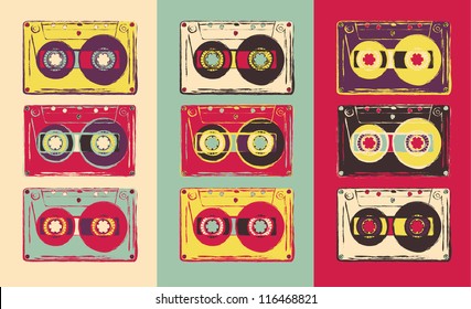 Set of retro audio cassettes, pop art style. Vector image.