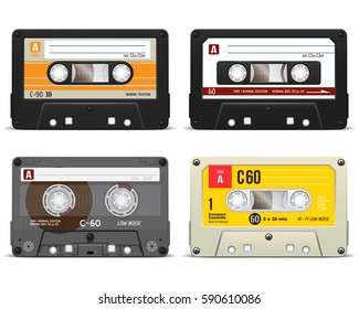 Conjunto de cintas de audio retro. Cinta vectorial realista sobre fondo blanco.