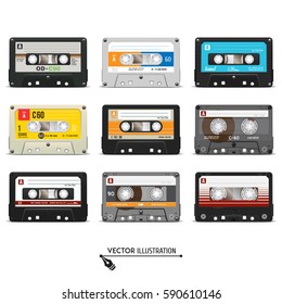 Set of retro audio cassettes. Realistic vector cassette on a white background.