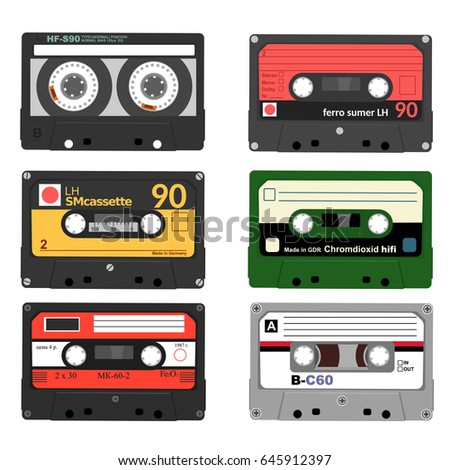 Set of retro audio cassettes. Tape and audio, music and sound, media and record