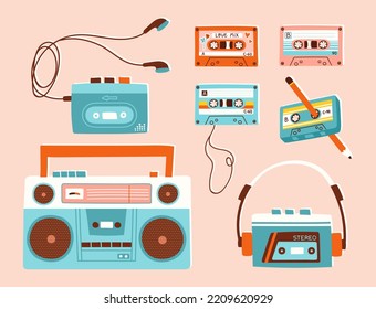 Set of retro audio players. A boombox, portable music players and cassette tapes. Vector illustration of 80s and 90s devices in colorful vintage style. Elements are isolated.