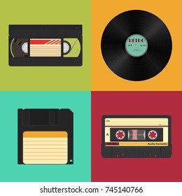 Set of retro audio, video and data storage on a colored vintage background. Audio, video cassettes, vinyl record and 3.5 inches floppy diskette. Vector illustration.