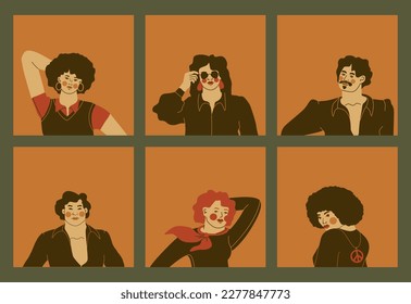 Set of retro avatars. Male and female portraits. Vintage colors, vector illustration for design.