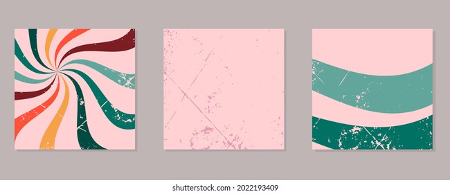 Set of Retro background with curved rays or stripes in the center, background in grunge style, background with lines. Rotating spiral stripes. Green, red and pink colors. Vector illustration