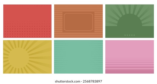 Set of retro background in style of 60s, 80s, 70s. Abstract Trendy hipster brochures with rays of sun, circles, lines. Nostalgia for vintage time. Vector illustration for advertising, banners
