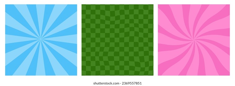 Set of retro backgrounds. Groove backgrounds of a checkerboard, stripes. Vector posters in groovy style. Vintage old style in the 70s, 80s.