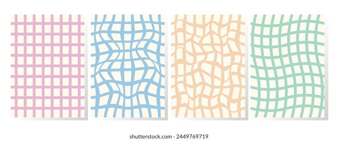 Set of retro backgrounds in pastel colors. Collection groovy checkered pattern in trendy retro y2k style. Vintage aesthetic psychedelic checkerboard texture of the 60-70s. Funky hippie textile print