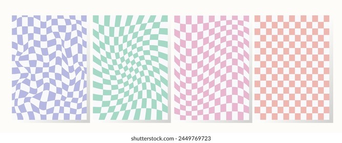 Set of retro backgrounds in pastel colors. Collection groovy checkered pattern in trendy retro y2k style. Vintage aesthetic psychedelic checkerboard texture of the 60-70s. Funky hippie textile print