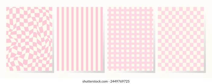Set of retro backgrounds in pink colors. Collection groovy checkered pattern in trendy retro y2k style. Vintage aesthetic psychedelic checkerboard texture of the 60-70s. Funky hippie textile print