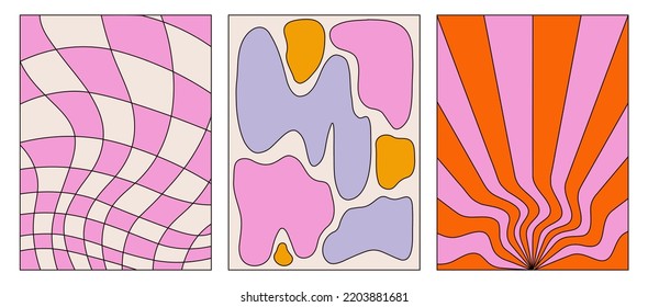 A set of retro backgrounds and posters. Abstract colorful backgrounds with outline. Checkered pattern, abstract distorted shapes. Vector illustration isolated on a white background. Graphic Template