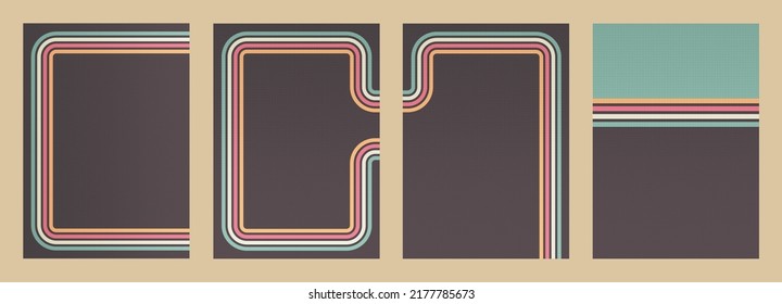 Set of Retro backgrounds with stripes and halftone dots texture in 1970s style. Vintage template for cover or banner. Vector illustration in retro colors.