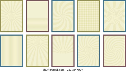 Set of retro backgrounds in style of 60s, 80s, 70s. Hand drawn Groovy arts. Hippie flyers.Abstract Trendy card with rays of sun, circles, lines. Nostalgia for vintage time. Vector illustration