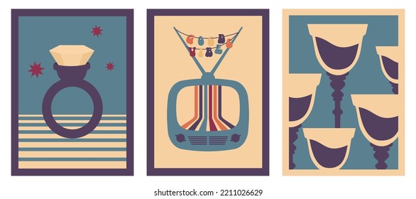 Set of retro backgrounds. Vertical vintage template posters 70s, 80s style. Good vibes slogan, toast with wine glass, TV, ring, diamond. Vector illustration for covers, flyer, banner, print